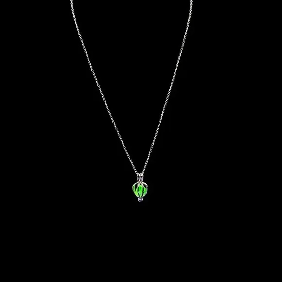 Silver Cage Pendant With Uranium Glass Bead Glows Green Silver Chain - Picture 4 of 5
